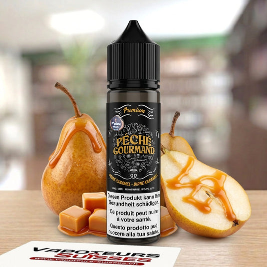 E-liquide Péché Gourmand Poire Caramel 50 ml - Vapoteurs Suisses